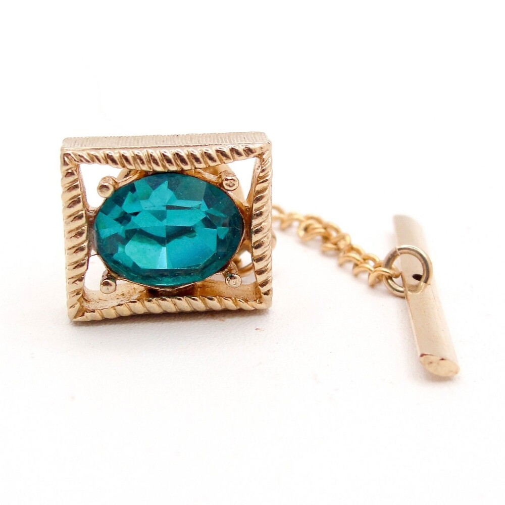 Vintage Swank Blue Aquamarine Crystal Gold Tone Square Rope Border Men Tie Tack